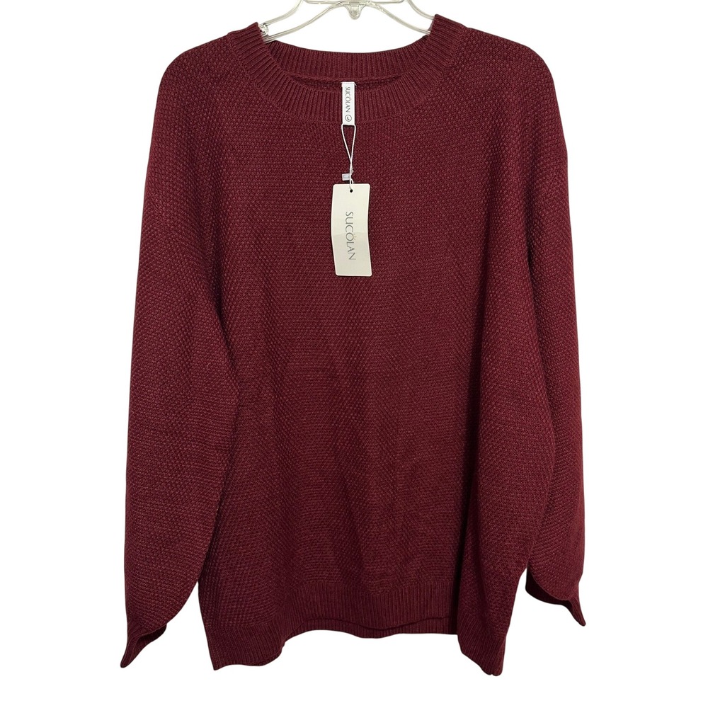 Sucolan Sweater Women Burgundy Waffle Knit Balloon Sleeve Relaxed Crew Neck L